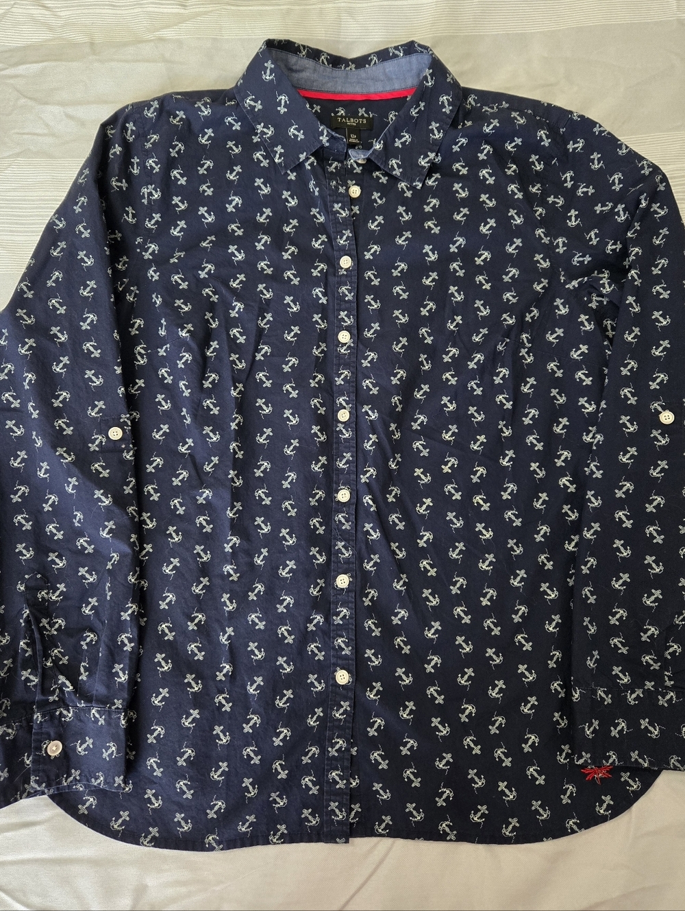 Talbots Long Sleeve Button Down Blouse Navy Blue with Anchors 12P